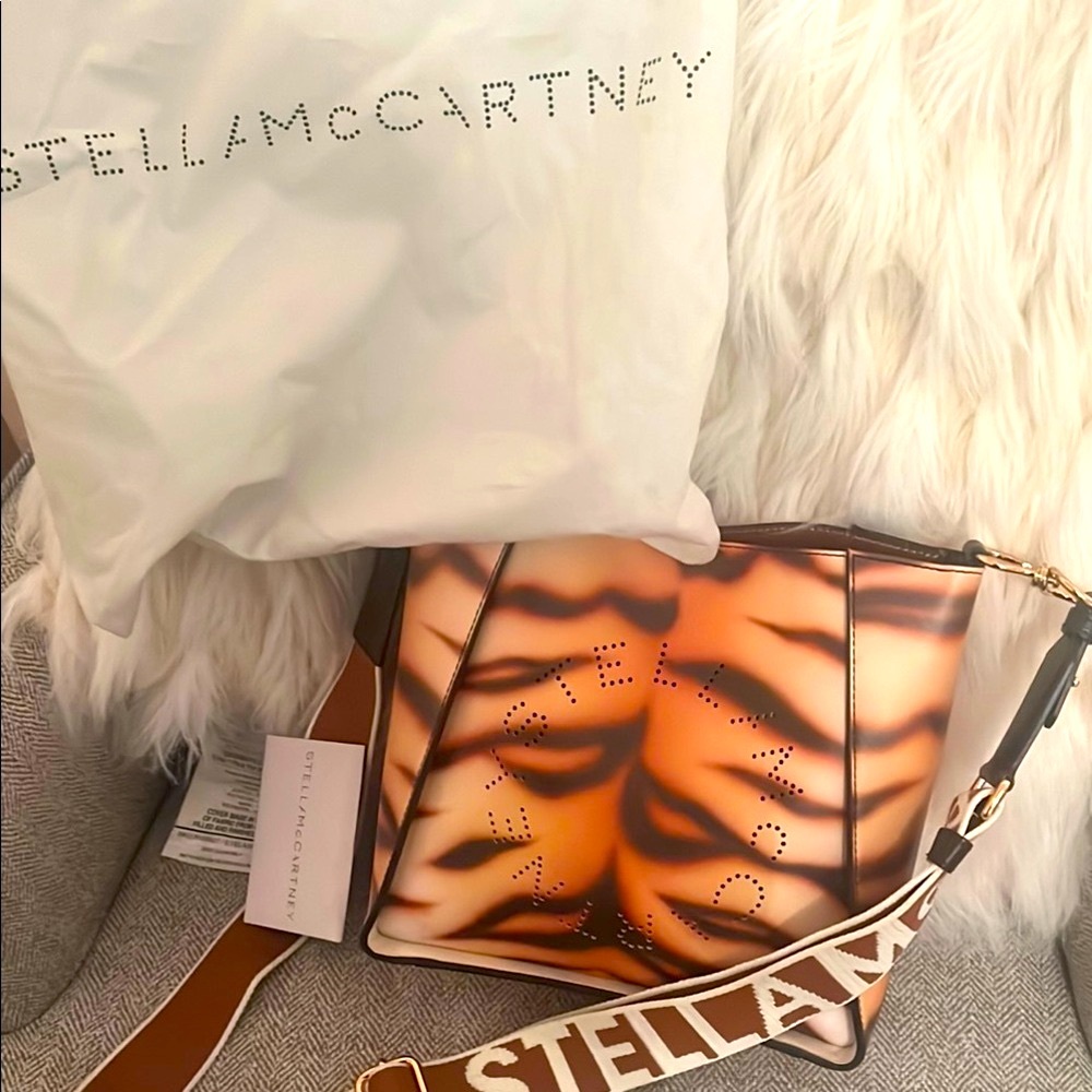 Authentic Stella McCartney
Medium Tiger-Print Logo Crossbody Bag